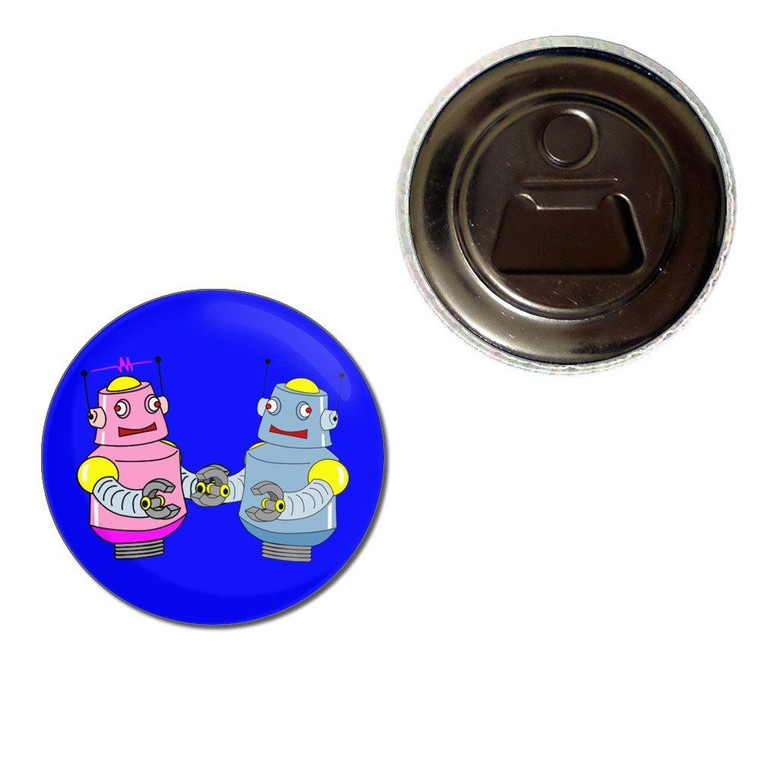 Blue Robot Couple - Fridge Magnet Bottle Opener