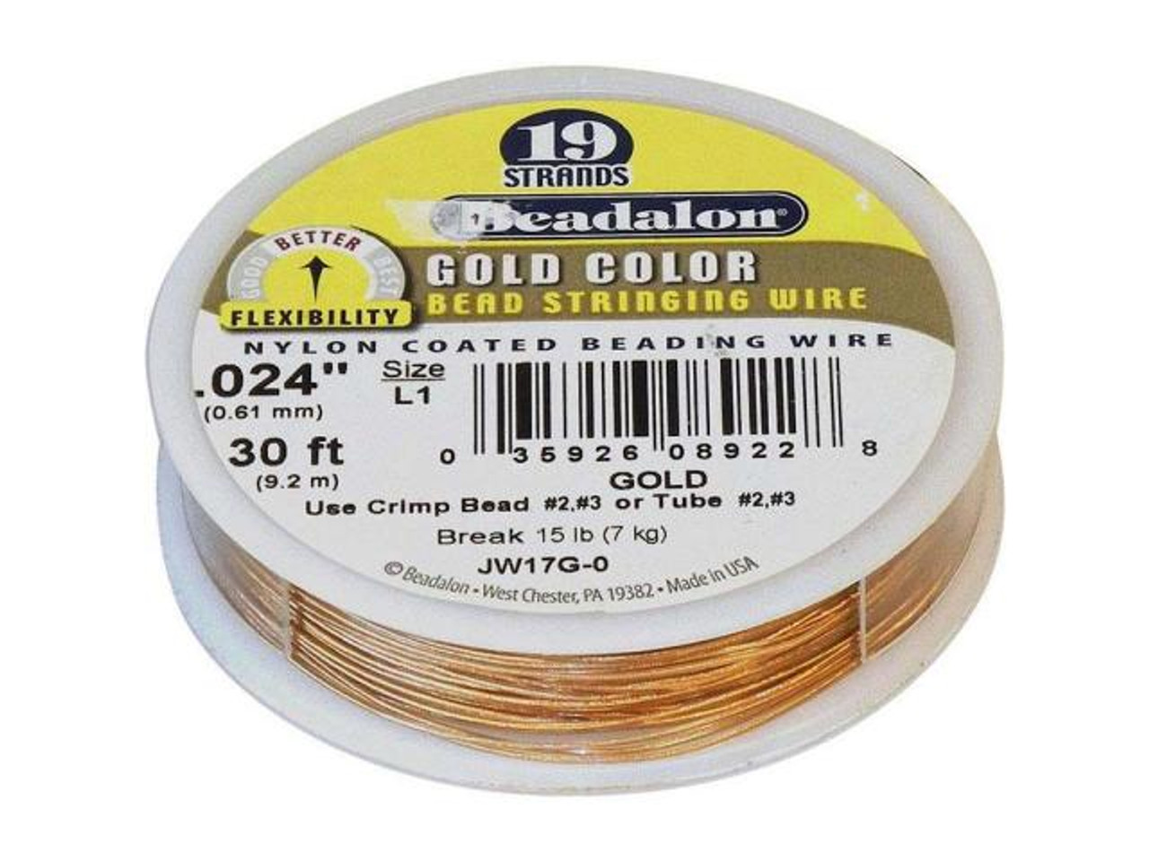 Beadalon Beading Wire, 19 Strand, 0.024, 30' Spool - Gold Color (Spool)