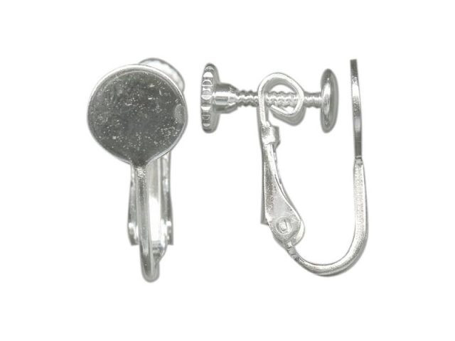 White Plated Clip-On Earring Finding, Screw Back, 8mm Flat Pad (12