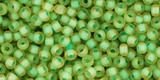 TOHO Glass Seed Bead, Size 11, 2.1mm, Inside-Color Frosted Jonquil/Opaque Green-Lined (tube)