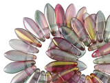 Add colorful shine to jewelry projects with the CzechMates glass 16 x 5mm pink crystal lustered two-hole dagger beads. These beads feature a dagger shape with two stringing holes at the top of the bead. They can dangle from designs or stand out in seed bead embroidery. The two stringing holes even allow you to add them to multi-strand looks. You will have even more design possibilities when you use these beads in your projects. They feature dusty green and pink colors with a brilliant shine. 