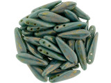 Regal color comes to life in the CzechMates glass 16 x 5mm Persian turquoise bronze Picasso two-hole dagger beads. These beads feature a dagger shape with two stringing holes at the top of the bead. They can dangle from designs or stand out in seed bead embroidery. The two stringing holes even allow you to add them to multi-strand looks. You will have even more design possibilities when you use these beads in your projects. They feature turquoise blue color with a mottled gold finish. 