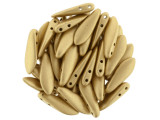 For a luxurious look in your style, try the CzechMates glass 16 x 5mm matte metallic flax two-hole dagger beads. These beads feature a dagger shape with two stringing holes at the top of the bead. They can dangle from designs or stand out in seed bead embroidery. The two stringing holes even allow you to add them to multi-strand looks. You will have even more design possibilities when you use these beads in your projects. They feature lovely gold color with a soft matte sheen. 