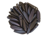 Add contemporary style with the CzechMates glass 16 x 5mm matte chocolate brown bronze Vega two-hole dagger beads. These beads feature a dagger shape with two stringing holes at the top of the bead. They can dangle from designs or stand out in seed bead embroidery. The two stringing holes even allow you to add them to multi-strand looks. You will have even more design possibilities when you use these beads in your projects. They feature rich brown color dusted with a silver-gray sheen. 