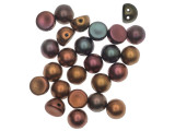 Stand out in your style with these CzechMates cabochon beads. These beads feature a round domed shape with a flat back, much like that of a cabochon. Two stringing holes run close to the flat bottom of the dome, so these beads will stand out in your jewelry-making designs. Use them in multi-strand projects or add them to your bead weaving for eye-catching dimensional effects. They'll work nicely with other CzechMates beads. They feature rich gold, purple, copper, and teal colors with a soft metallic sheen. 