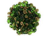 Rich green color combines with a metallic bronze color in these Matubo SuperDuo beads. Create intricate jewelry designs with Czech glass seed beads! Featuring a unique shape and two stringing holes, these seed beads add a special touch of creativity to your designs. They have tapered edges and nest up nicely when strung, making them ideal for floral and woven designs. Add a special touch to your jewelry with Czech glass seed beads!  