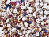 Opaque white color combines with an iridescent gold, blue, and purple shine in these Matubo SuperDuo beads. Create intricate jewelry designs with Czech glass seed beads! Featuring a unique shape and two stringing holes, these seed beads add a special touch of creativity to your designs. They have tapered edges and nest up nicely when strung, making them ideal for floral and woven designs. Add a special touch to your jewelry with Czech glass seed beads!  