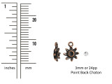 Add a flowery touch to your designs with this tiny bezel daisy charm from Nunn Design. This charm features a daisy shape with a round bezel in the center. This bezel has a 3mm diameter and works well with 24pp size chatons. There is a loop at the top of the charm which makes it easy to add to your designs. This charm features a warm copper color. Bezel Dimensions: Inner Diameter 3mm