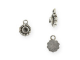 Bring floral style to your designs with this tiny bezel aster charm from Nunn Design. This charm features a flower shape with a round bezel in the center. This bezel has a 3mm diameter and works well with 24pp size chatons. There is a loop at the top of the charm which makes it easy to add to your designs. This charm features an antique silver color. Bezel Dimensions: Inner Diameter 3mm