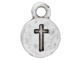 Put a meaningful accent into your style with the Nunn Design antique silver-plated pewter Itsy round spiritual cross charm. This charm is circular in shape and features a simple cross symbol decorating the front. The cross is a beautiful symbol of devotion that will add another layer of meaning to any jewelry piece. The back of this charm is plain and flat. A small loop is attached to the top, making it easy to add to designs. Dangle it from necklaces, bracelets and even earrings. It is small in size, so you can use it anywhere. It features a versatile silver color that will work with any color palette. Length 12mm, Width 9mm