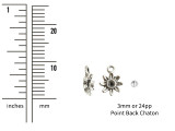 Add a flowery touch to your designs with this tiny bezel daisy charm from Nunn Design. This charm features a daisy shape with a round bezel in the center. This bezel has a 3mm diameter and works well with 24pp size chatons. There is a loop at the top of the charm which makes it easy to add to your designs. This charm features an antique silver color. Bezel Dimensions: Inner Diameter 3mm