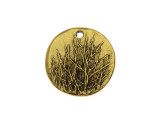 Bring the beauty of nature to your jewelry designs with this Nunn Design charm. This charm is circular in shape and features a raised design of aspen trees that have lost their summertime leaves and display bare branches. The back of this charm is plain. A small hole at the top of the charm makes it easy to add to designs. Add it to a charm bracelet or use it as the focal of a delicate necklace. It features a regal golden shine, perfect for pairing with classic colors. Diameter 20mm, Hole Size 1.63mm/14 gauge
