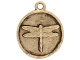 Bring dragonfly beauty to your designs with this small round dragonfly charm from Nunn Design. This small charm has a circular shape and features a raised design of a dragonfly in the center.  The back is plain. There is a loop at the top of the charm, so it is easy to add it to your designs. This charm has a golden color.