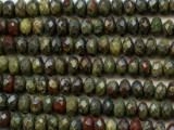 Faceted shine mixes with mystical color in the dragon blood jasper 8mm faceted roundel beads from Dakota Stones. These round beads feature cut facets all over their surface to give them extra gleam. The mottled green colors are mixed with splashes of deep red tones. The two primary colors contrast and complement each other to form striking jasper. Mined only in western Australia, the local legend surrounding this gemstone says that it is the remains of ancient dragons long dead, the green mottles representing the dragons' scales and the red matrix representing spatters of blood. Dragon blood jasper is part of the quartz family. Metaphysical Properties: Dragon blood jasper enhances courage, strength and vitality.Because gemstones are natural materials, appearances may vary from bead to bead. Each strand includes approximately 24 beads. 