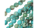 Put accents of bright blue in your style with these Dakota Stones impression jasper beads. These gemstone beads are perfectly round in shape, so they will work in a variety of designs. They are small in size, so you can use them as spacers between larger beads or just as small accents of color. Impression jasper comes in a variety of colors. These beads have been dyed a bright aqua blue color, which creates a striking contrast with the tan and crimson matrix colors. Metaphysical properties: Impression Jasper is used to find clarity and inner peace.Please note that these beads are made from composite gemstones. Because gemstones are natural materials, appearances may vary from piece to piece. Each strand includes approximately 52 beads.