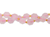 Energize your designs with this Dakota Stones rose quartz faceted 10mm energy prism bead strand. The beads on this strand feature a faceted cut helping them catch the light. This strand features spacers between each of the beads, so you could use it as-is, or string the beads into a design. Rose Quartz is a silicon dioxide crystal and one of the most common varieties of the Quartz family. It is a translucent to transparent stone with a soft pale pink to rose red hue, thought to be derived from trace amounts of titanium, iron or manganese impurities within the stone. Considered by ancient Egyptians and Romans to have powers of beautification and wrinkle protection, Rose Quartz facial masks have been recovered from Egyptian tombs. Because gemstones are natural materials, appearances may vary from piece to piece. Size: 10mm, Hole Size: 0.8mm
