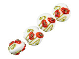 Red Flowers on White Lentil Bead Strand (4 pcs)