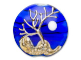 Bring mysterious beauty to your designs with the Grace Lampwork cobalt blue tree of life lentil focal bead. This bead is circular in shape and features a domed dimension on the front that allows the design to stand out even more. The back is flat and smooth so it will rest comfortably when worn. You can use this bead as a focal in bead embroidery or string it onto a head pin for a quick pendant. This bead features a raised design of a golden tree with bare branches on a deep blue background. A full moon glows behind the tree.This item is handmade, so appearances may vary. Length 24-24.5mm, Width 25mm