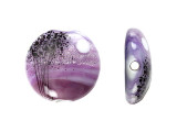 Everyone will notice this beautiful Grace Lampwork bead. This bead features a circular lentil shape with a domed front. The front is decorated with tall trees and a full moon on a swirling purple background. Silver glitter adds to the magic. The back of the bead is flat and undecorated. You can use this bead as a pendant by stringing it onto a head pin or try it at the center of a bead embroidery project. It will add magic anywhere. This item is handmade, so appearances may vary.
