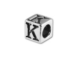 This quality sterling silver alphabet bead features the letter K engraved into four sides. Made in the USA, this 4.5mm alphabet bead features a wonderful cube shape that will stand out in your designs. You can use the wide stringing hole with thicker stringing materials, too. 