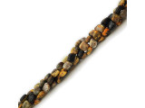 Bumblebee Jasper is a warm mixture of yellows and grays, with some white and orange. Many of the beads on each strand are striped, and some are spotted, giving the effect of a fuzzy bumblebee with patches of pollen, weaving through the air from flower to flower. Jasper is a semiprecious chalcedony (or microcrystalline quartz). It derives its colorful patterns from other minerals present, and is often named according to its pattern. The Greek origin of the word jasper, iaspis, means "spotted stone." Jasper has a dull luster but takes a fine polish, and its hardness and other physical properties are those of quartz. Due to its earthy colors and microcrystalline quartz structure, Jasper is considered to be a nurturing stone. Gray jaspers are believed to bring serenity and unity, as well as filter distractions and increase motivation. If using jasper beads for chakras, choose a jasper that contains colors relevant to the chakras that are the target of your focus -- in this case, shades of yellow for the navel (solar plexus) chakra, for issues with self-esteem and personal power.With each purchase of bumblebee jasper, you're also helping power up the Pollinator Partnership!  Find related items below, and find out more about jasper in our Gemstone Index.