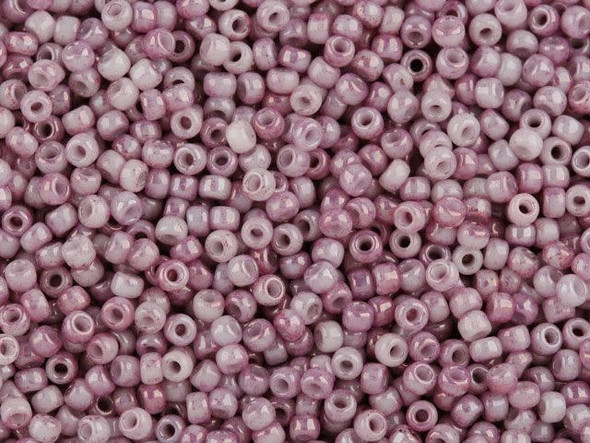 TOHO Glass Seed Bead, Size 11, 2.1mm, Marbled Opaque White/Pink (Tube)