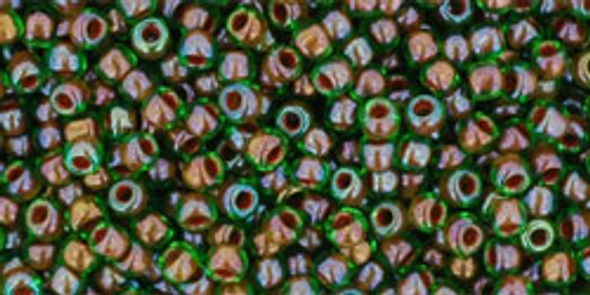 TOHO Glass Seed Bead, Size 11, 2.1mm, Inside-Color Peridot/Oxblood-Lined (tube)