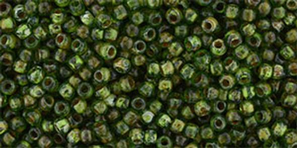 TOHO Glass Seed Bead, Size 11, 2.1mm, HYBRID Transparent Frosted Peridot - Picasso (tube)