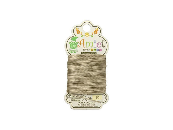 You'll love working with this TOHO Amiet beading thread. TOHO's Amiet thread can be used with beads that are size 11/0 and larger. This 100% polyester thread can be threaded without using a needle thanks to the thin, sturdy texture. Use it in thread-wrapping, knot it, use it as the foundation for your stringing projects, and more. It's great for crochet, micro-macrame, and kumihimo designs, too. It features a neutral khaki color versatile enough to work with many different color palettes.