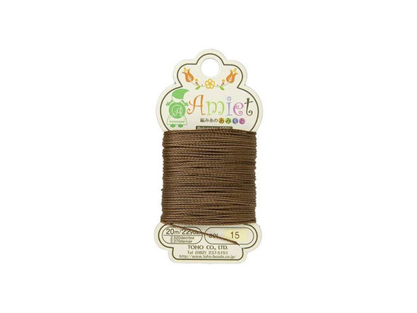 For an earthy start to designs, try this TOHO Amiet beading thread. TOHO's Amiet thread can be used with beads that are size 11/0 and larger. This 100% polyester thread can be threaded without using a needle thanks to the thin, sturdy texture. Use it in thread-wrapping, knot it, use it as the foundation for your stringing projects, and more. It's great for crochet, micro-macrame, and kumihimo designs, too. It features a golden brown auburn color.