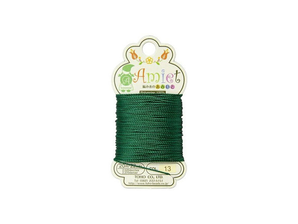 Bring color to every aspect of your designs with this TOHO Amiet beading thread. TOHO's Amiet thread can be used with beads that are size 11/0 and larger. This 100% polyester thread can be threaded without using a needle thanks to the thin, sturdy texture. Use it in thread-wrapping, knot it, use it as the foundation for your stringing projects, and more. It's great for crochet, micro-macrame, and kumihimo designs, too. It features a rich emerald green color.