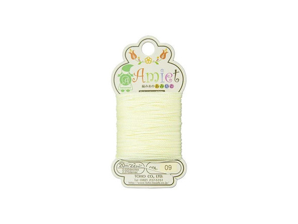 Let this TOHO Amiet beading thread spark your imagination. TOHO's Amiet thread can be used with beads that are size 11/0 and larger. This 100% polyester thread can be threaded without using a needle thanks to the thin, sturdy texture. Use it in thread-wrapping, knot it, use it as the foundation for your stringing projects, and more. It's great for crochet, micro-macrame, and kumihimo designs, too. It features a pale lemon yellow color.