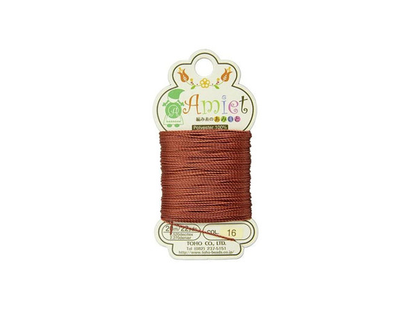 Add a creative touch to jewelry designs with this TOHO Amiet beading thread. TOHO's Amiet thread can be used with beads that are size 11/0 and larger. This 100% polyester thread can be threaded without using a needle thanks to the thin, sturdy texture. Use it in thread-wrapping, knot it, use it as the foundation for your stringing projects, and more. It's great for crochet, micro-macrame, and kumihimo designs, too. It features a reddish-brown color.
