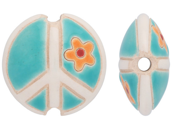 Looking for something unique and eye-catching to add to your DIY jewelry collection? Look no further than the Golem Design Studio Ceramic Beads with 23mm Glazed Lentil Peace Sign With Flower in Teal/White. These handmade beads are crafted with care and feature a beautiful teal and white color scheme with intricate detailing that depicts a peaceful flower and peace sign design on both sides. Made from the highest quality ceramic or porcelain materials, these beads are sure to stand the test of time and add an extra touch of elegance and artistry to any homemade jewelry creation. Get your hands on these limited quantity beads today and experience the beauty and craftmanship of the Golem Design Studio brand.