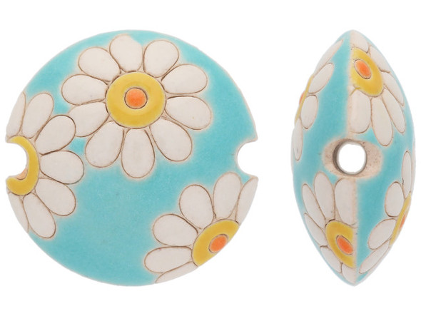 Add a touch of nature to your next jewelry creation with this stunning Golem Design Studio Ceramic Bead. Measuring 23mm x 11mm, this lentil and coin shaped bead boasts a light blue and white glazed color with dainty daisy flowers that will bring a cheerful vibe to your designs. Handmade from stoneware clay, each bead is uniquely shaped and fired at 900 degrees before the intricate pattern is hand-applied for a one-of-a-kind piece. String it alone or pair it with other beads to create your own style. Start your floral-inspired project now and let the legend of the Golem come to life.