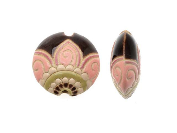 Golem Design Studio Ceramic Beads, 23mm Glazed Lentil Abstract Flower, Multi Color (2 Pieces)