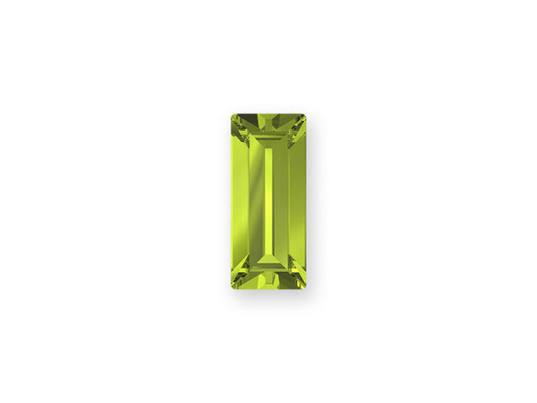 Let vibrant green fill your designs with this PRESTIGE Crystal Components fancy stone in Citrus Green. This stone features rectangular baguette shape. The front features traditional facets that highlight the beautiful shape and color wonderfully. The back is foiled and almost comes to a point, giving a lot of area for light to reflect within the stone. You can embed this stone into epoxy clay, use it in a setting, seed bead around it, and more. It does not have a stringing hole, so get creative.Sold in increments of 6
