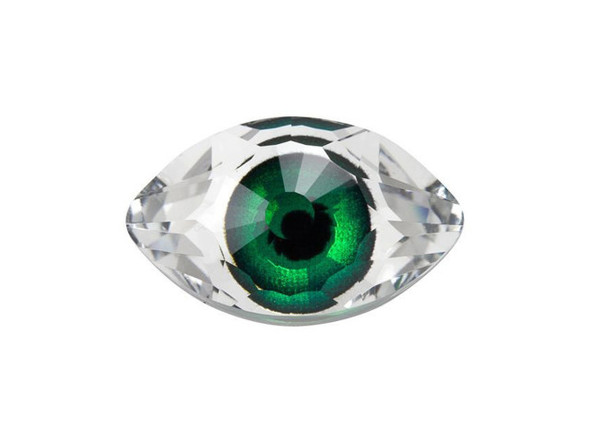 Add watchful sparkle to designs with this PRESTIGE Crystal Components fancy stone. This fancy stone takes on the shape of an eyeball, with a tapered oval look, almost like a marquise cut. The inside of the stone features an iris and pupil at the center. The iris displays a green color, for a striking style. You'll love using this stone in your designs. Embed it into epoxy clay, add it to bead embroidery, wire wrap around it and more. You can use it as an evil eye symbol for protection.