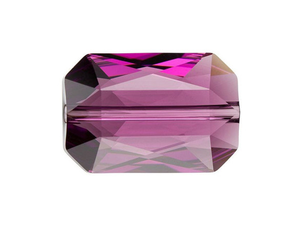 For a decadent look, try the PRESTIGE Crystal Components 5515 18x12.5mm emerald cut bead in Amethyst. This bead is inspired by the traditional "Emerald" diamond cut, a rectangular shape that stands the test of time. Two different cuts are featured on the front and back, giving it extra depth and high brilliance. This bead combines regal style with modern confidence. Let it add elegance to your projects. Use it as a statement piece or applied in rows for opulent looks. This large bead will stand out in your jewelry designs. It features a majestic purple sparkle.