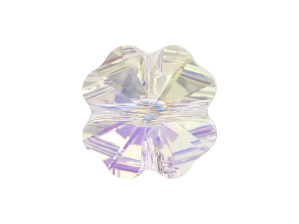 Add a lucky touch to your jewelry designs with this PRESTIGE Crystal Components four-leaf clover bead, which displays facets that converge to a center point on each side. This clear bead is coated in a metallic iridescent coating on one side which shines through the crystal in delicate pastel sparkles. The beading hole runs side to side, allowing this bead to lie flat when strung. Try dangling it from earrings or simply string multiple together for a dazzling result.Sold in increments of 6