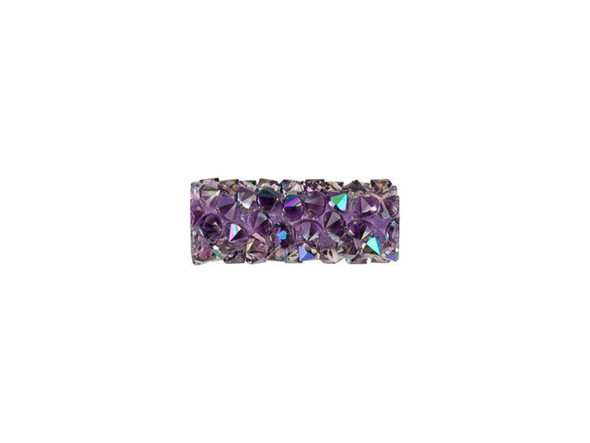 Enchanting sparkle fills this PRESTIGE Crystal Components bead. This Fine Rocks tube bead can be used easily on leather to create stunning jewelry or you can sew it into projects for beautiful textile applications. This bead allows you to bring a glittering pave look to designs. The surface is covered in double-pointed size PP14 chatons displaying twinkling purple and teal tones. This short tube bead does not feature end caps, so you can layer several together, easily integrate it into unique color palettes, and more.