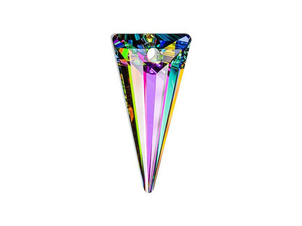 Find colorful sparkle in the PRESTIGE Crystal Components 6480 39mm spike pendant in Crystal Vitrail Medium with protective coating. This pendant features a geometric triangular shape can be used in anything from classy jewelry sets to spiky glam rock pieces. You can pair it with leather, chain, pearls and more. It's sure to dress up any look with cool sparkle. Everyone will notice this pendant in your designs, thanks to its eye-catching size. This pendant lights up with a multitude of glittering colors.