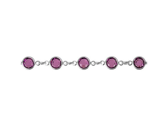 Give your designs a sparkling foundation with the PRESTIGE Crystal Components 90005 11.5mm rhodium-plated cuplink chain in Amethyst. This chain consists of PRESTIGE Crystal Components crystals connected to one another with a bright silver setting. Each crystal displays a rich purple color. This chain makes it easy to design fabulous jewelry. Simply add a clasp and you have a gorgeous bracelet or necklace. The small oval links connecting the crystals together allow you to also embellish this chain with charms and dangles. Pair it with olive green or saffron orange beads.
