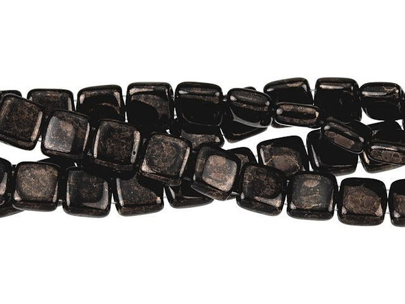 CzechMates Glass 6mm Jet Marbled Dark Bronze Two-Hole Tile Bead Strand