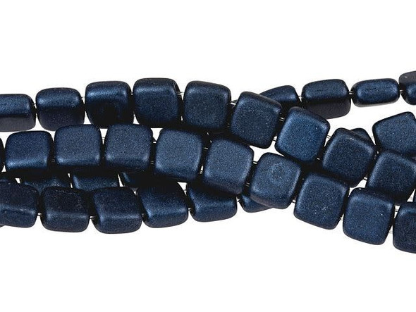 CzechMates Glass 6mm Metallic Suede Dark Blue Two-Hole Tile Bead Strand