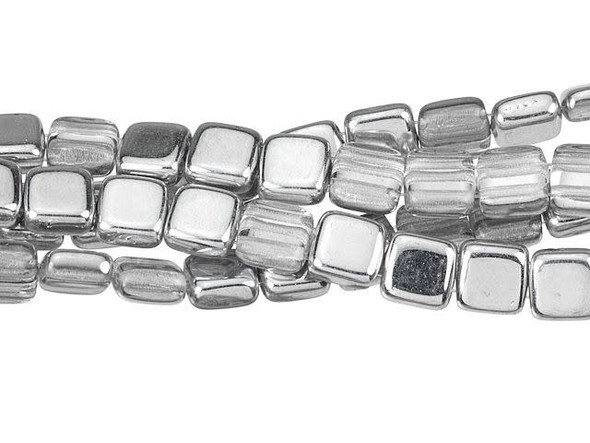 CzechMates Glass 6mm Silver 1/2 Coat Two-Hole Tile Bead Strand