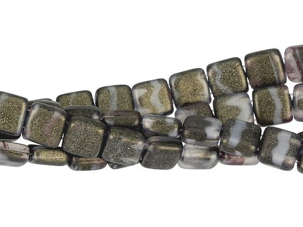 CzechMates Glass 6mm Sueded Gold Jet/Gray Stripe Two-Hole Tile Bead Strand