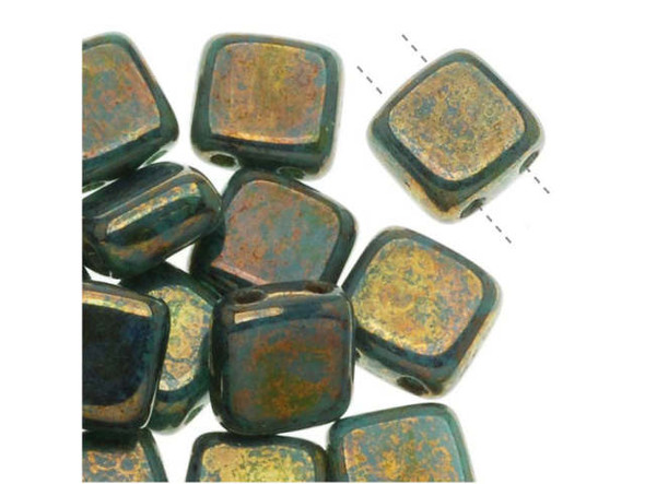 CzechMates Glass 2-Hole Square Tile Beads 6mm 'Bronze Picasso / Turquoise'