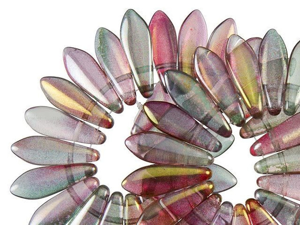 CzechMates Glass 16 x 5mm Pink Crystal Lustered Two-Hole Dagger Bead (50pc Strand)