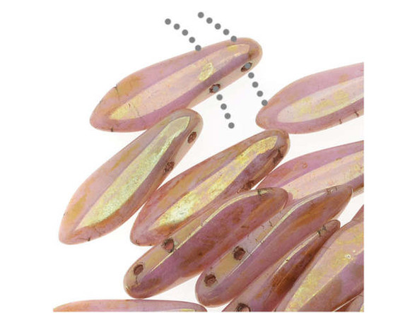 CzechMates Glass 2-Hole Dagger Beads 16x5mm - Opaque Rose Luster / Gold Topaz
